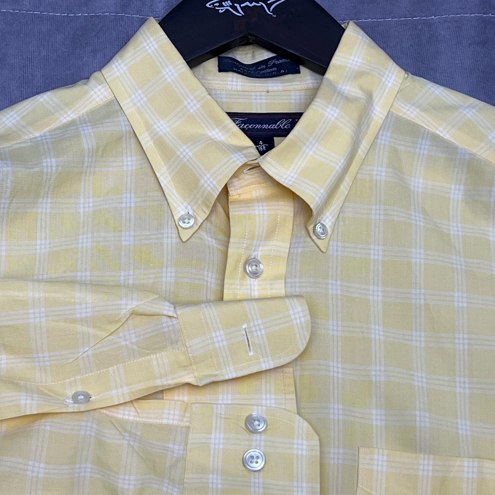 Faconnable Button Down Shirt Mens 16R Yellow Plaid Excellent Made in USA Cotton